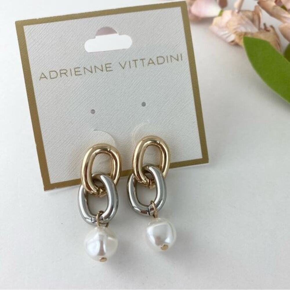 Adrienne Vittadini Faux Pearl Dangle Earrings Two Tone Links Elegant Luxury NWT
